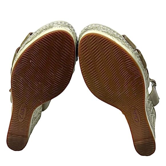 Clarks Taupe Multi Leather Platform Wedge Sandals Peep Toe Size 8.5 Medium - Picture 4 of 11